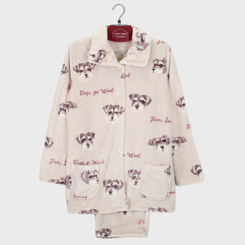 婦人『Candy closet』フランネルフリース衿付き前開きパジャマ(シュナウザー)