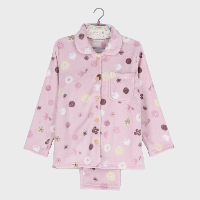 婦人ふわもこ衿付き前開きパジャマ(水玉&鳥)