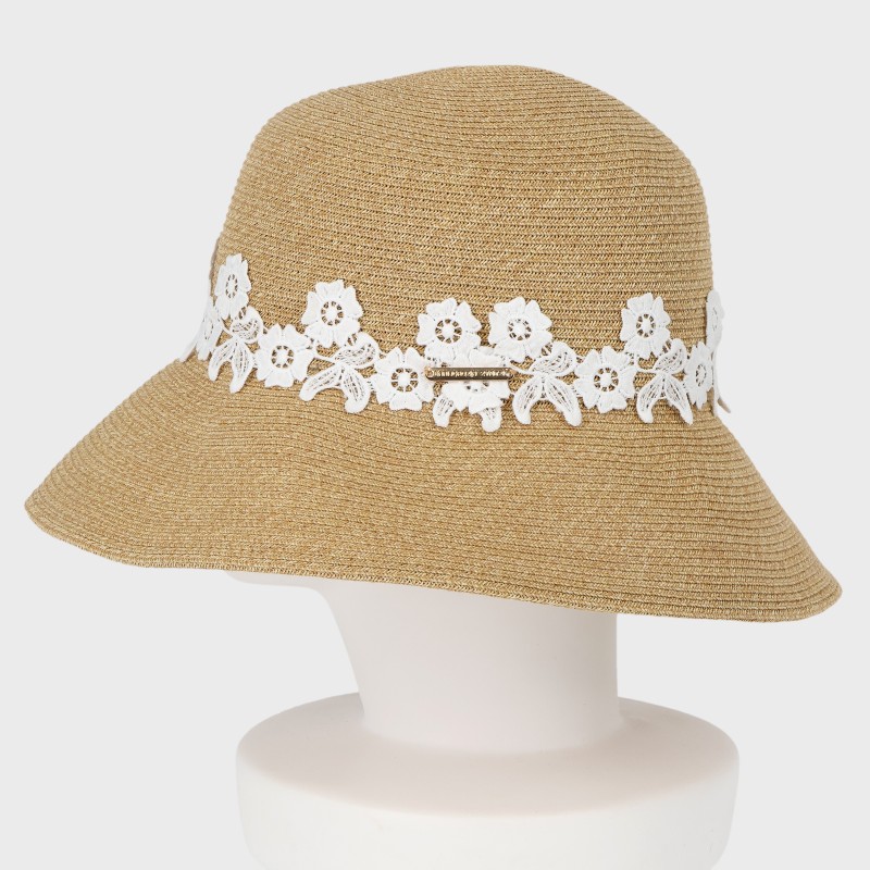 レース付きつば広ペーパーブレードハット/サイズ調節可能