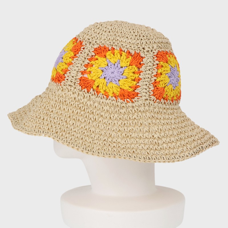 フラワー柄編み雑材バケットハット/サイズ調節可