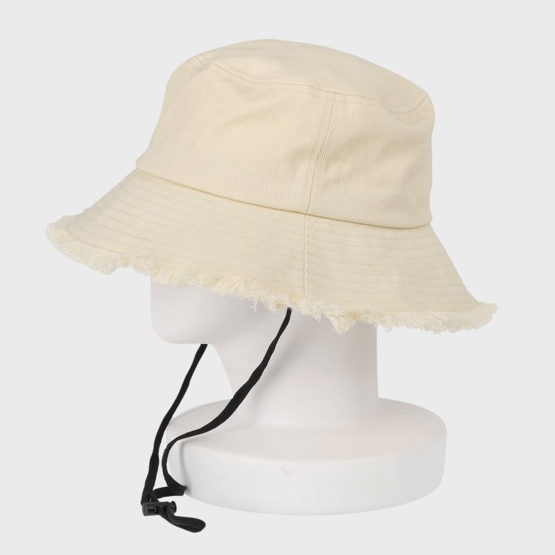 『一級遮光』フリンジコットンバケットハット/あご紐付き・洗濯機洗い可・サイズ調節可
