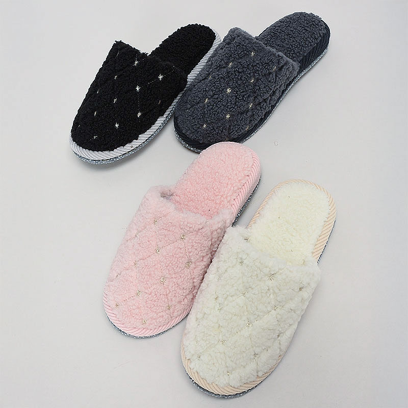 婦人外縫星ラメ刺繍ボアスリッパ