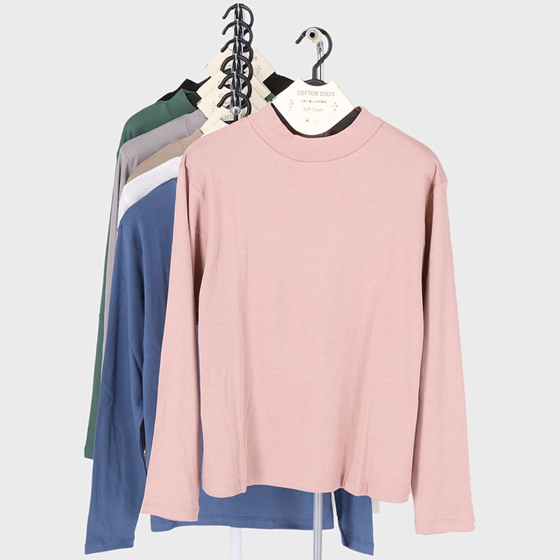 婦人長袖無地ハイネックスムースTシャツ