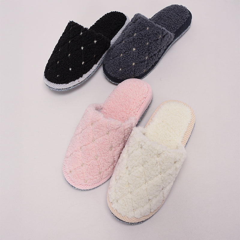 婦人外縫星ラメ刺繍ボアスリッパ