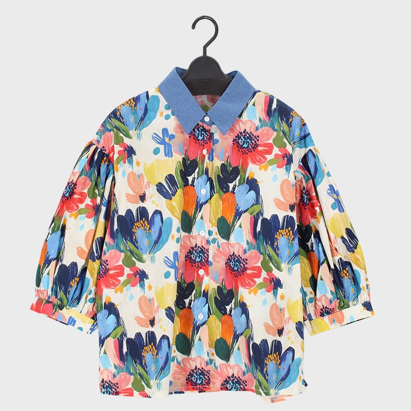 婦人『VERITE』七分袖デニム襟プリントシャツ