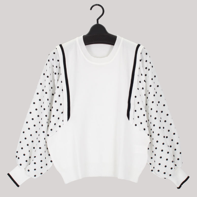 婦人ドットスリーブ切替ニットトップス