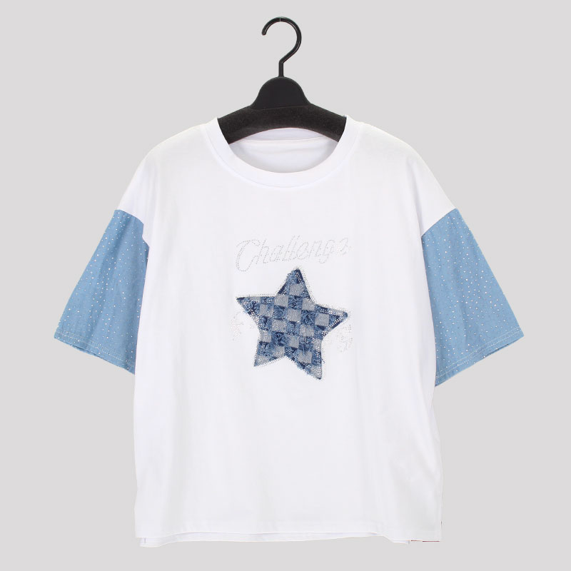 婦人デニム切替えキラキラTシャツ