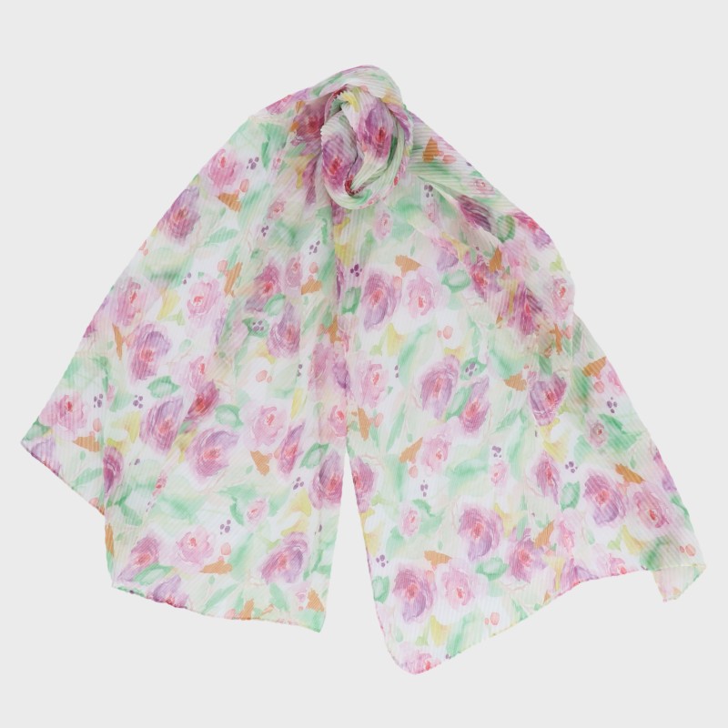 プリーツ加工プリントストール(カラフルフラワー柄)