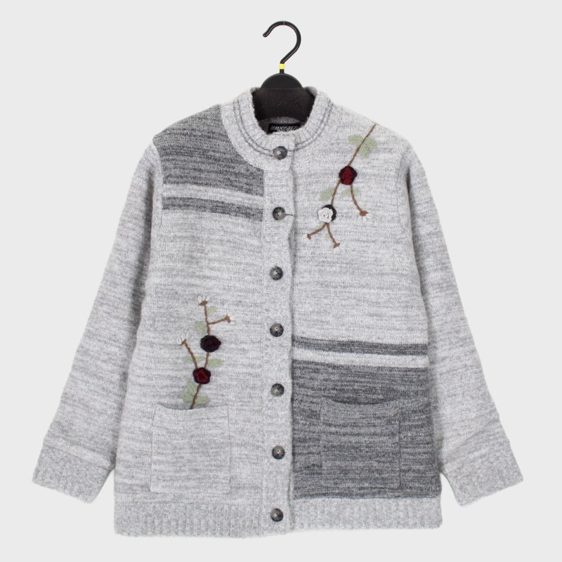 婦人『もちもち裏ボア』S寸モチーフ付パネル配色カーディガン