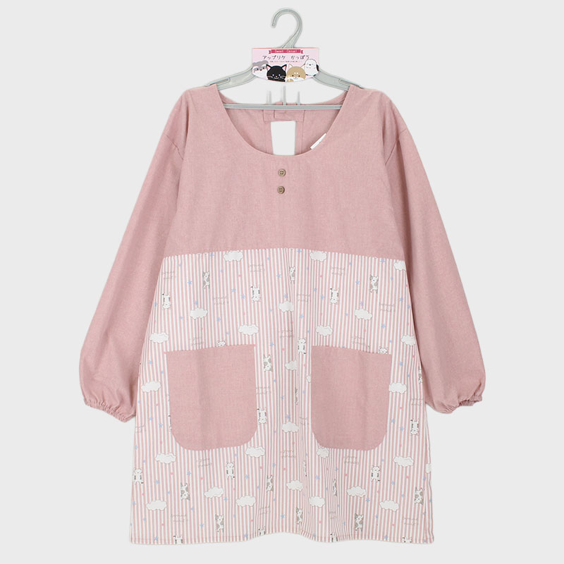 婦人先染めネコストライプ柄切り替えカッポー(ボタン×ひも)