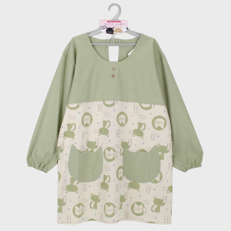 婦人先染めネコ柄切り替えカッポー(ボタン×ひも)