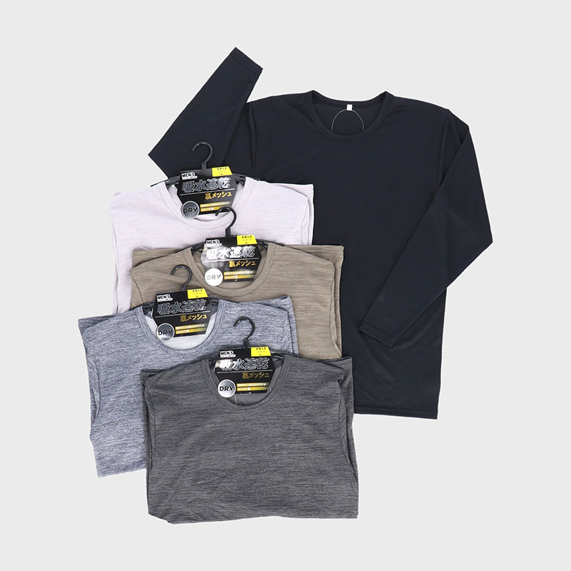 紳士無地長袖丸首裏メッシュTシャツ