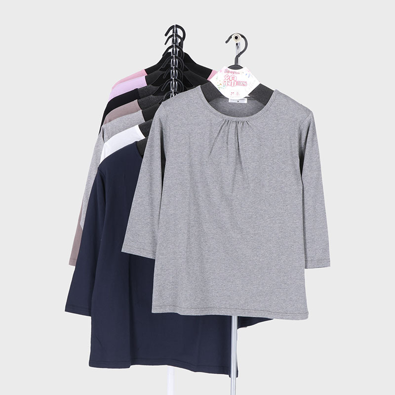 婦人大寸7分袖綿100無地胸ギャザーTシャツ