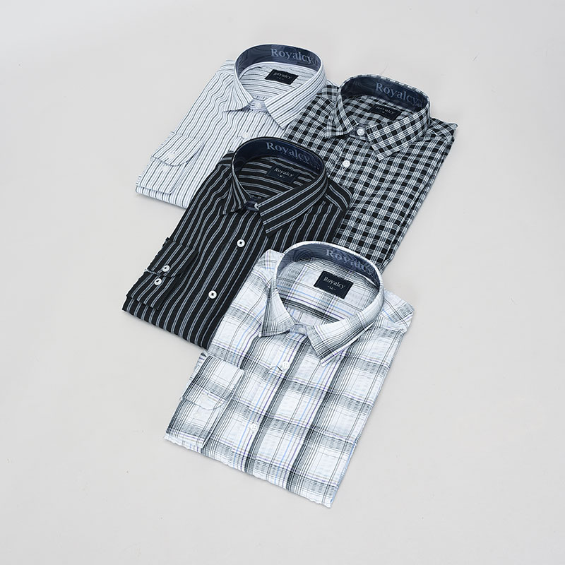 紳士長袖サッカー格子シャツ(モノトーン)