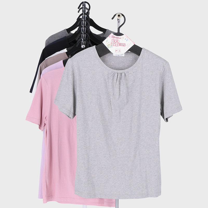 婦人半袖綿100無地胸ギャザーTシャツ