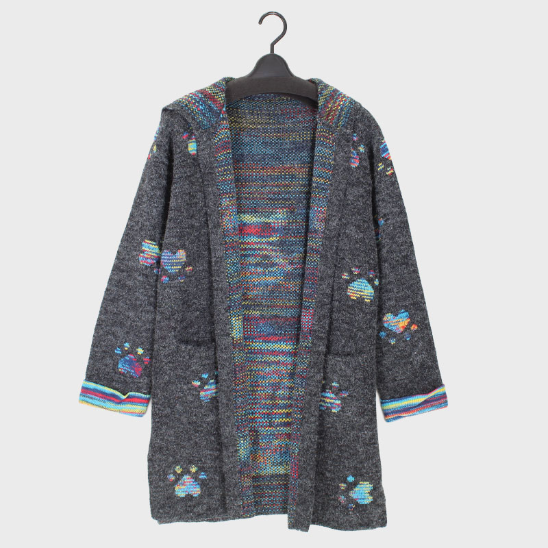 婦人フード付きニットカーディガン(ネコ柄)