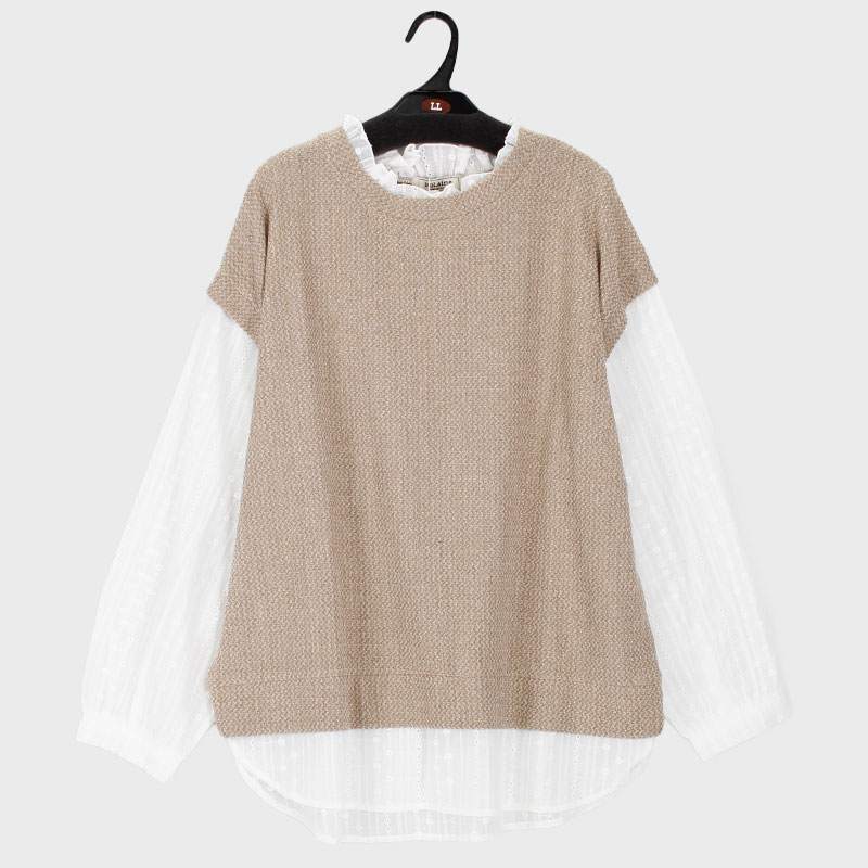 婦人大寸長袖ニットソーレイヤード風レース切替プルオーバー