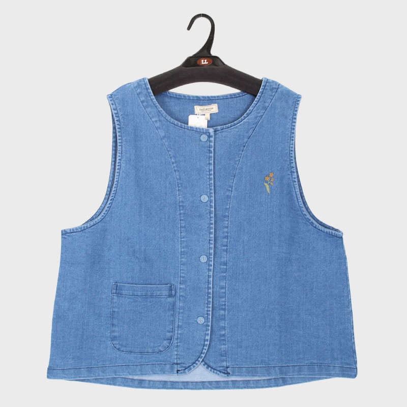 婦人大寸わくらくストレッチデニムワンポイント刺しゅうベスト