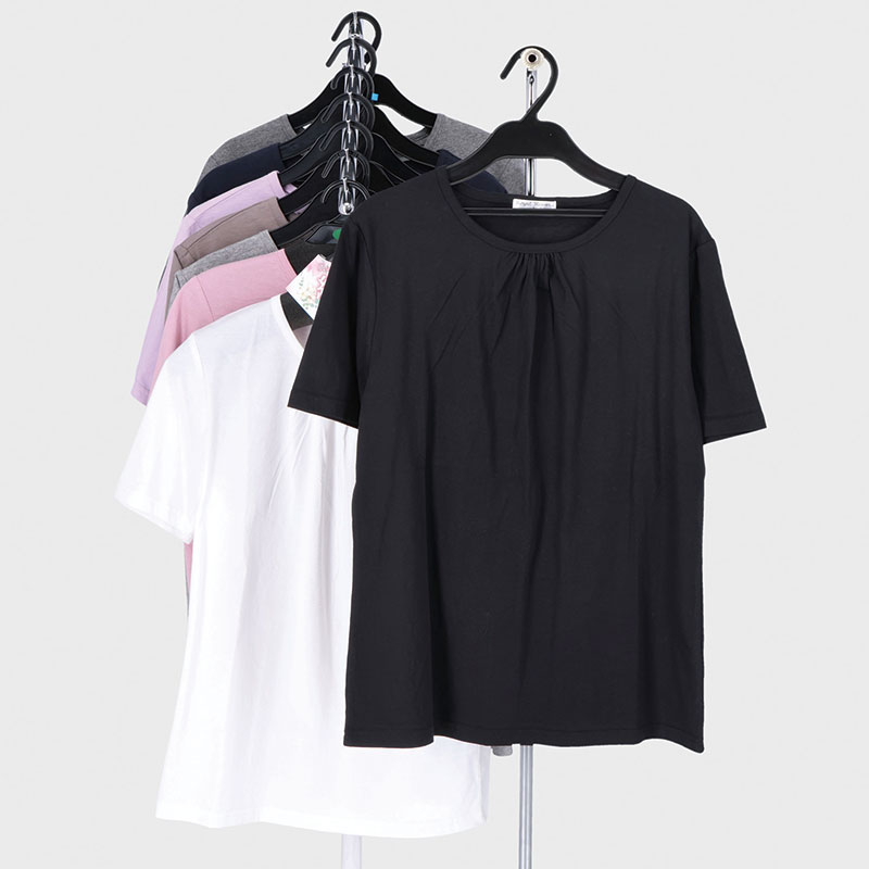 婦人半袖綿100無地胸ギャザーTシャツ