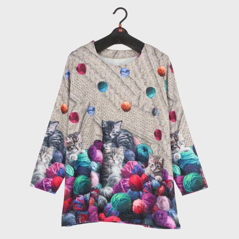 婦人LL寸BIGネコ毛糸デジタルパネルチュニック