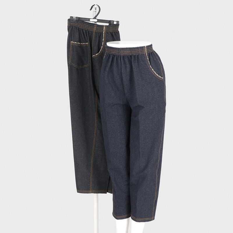 婦人ニットデニム格子パイピングフリーパンツ60