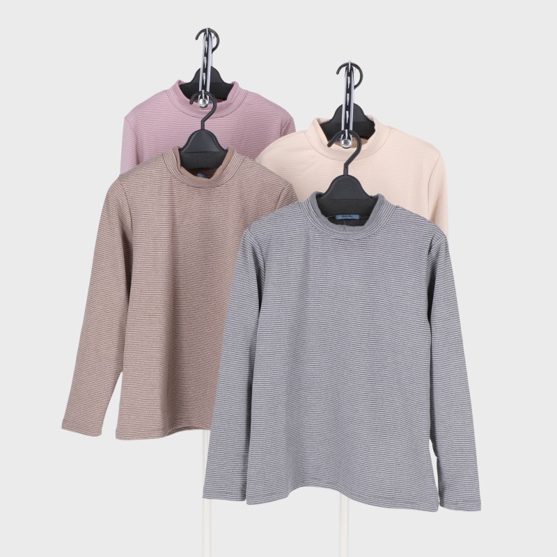 婦人ストレッチボンディング微起毛ボーダー衿切替ハイネック