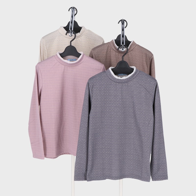 婦人TC接結ジャガード衿切替えハイネックTシャツ