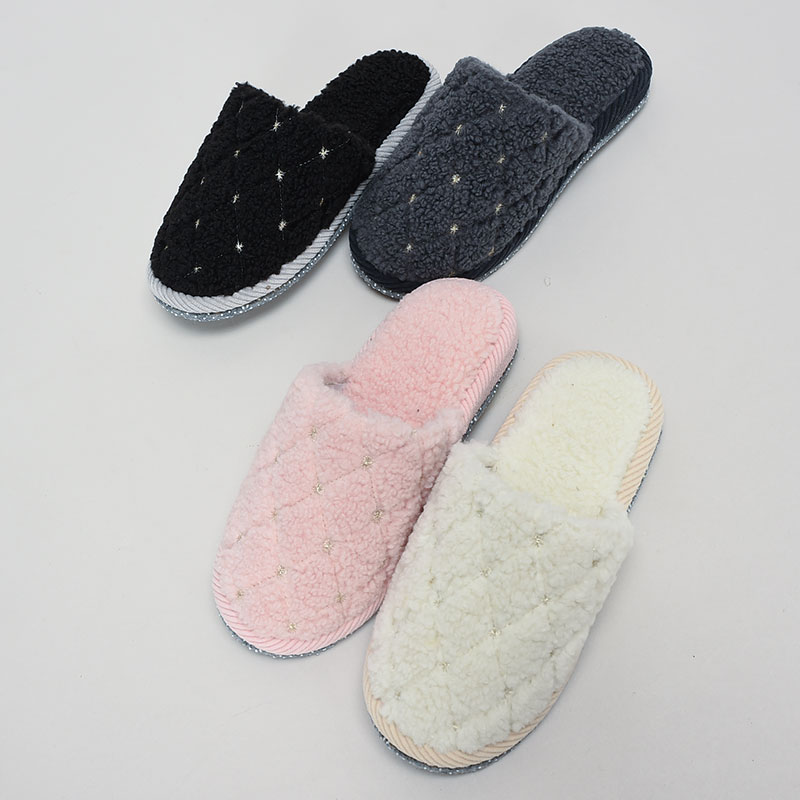 婦人外縫星ラメ刺繍ボアスリッパ