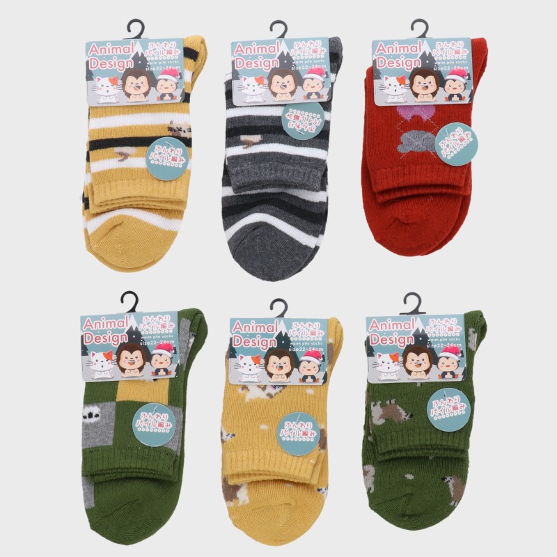 婦人動物柄パイルクルーソックス