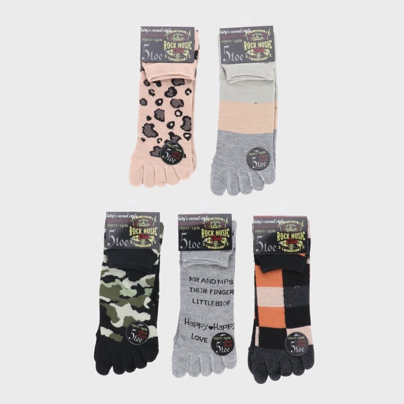 婦人綿混クルー丈ヤング柄5本指ソックス