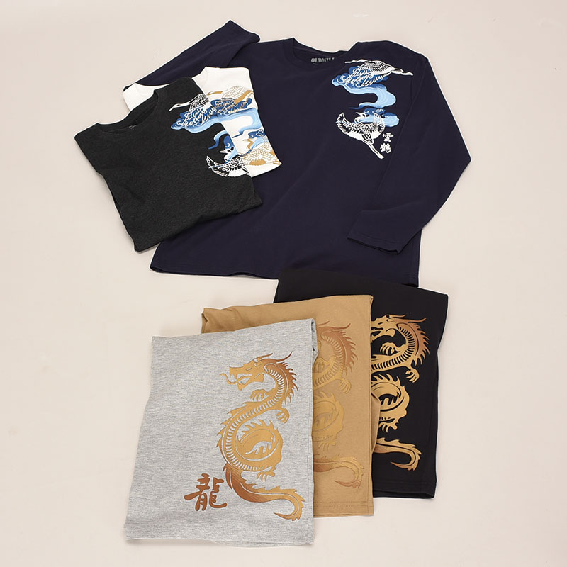 紳士長袖和柄プリントTシャツ