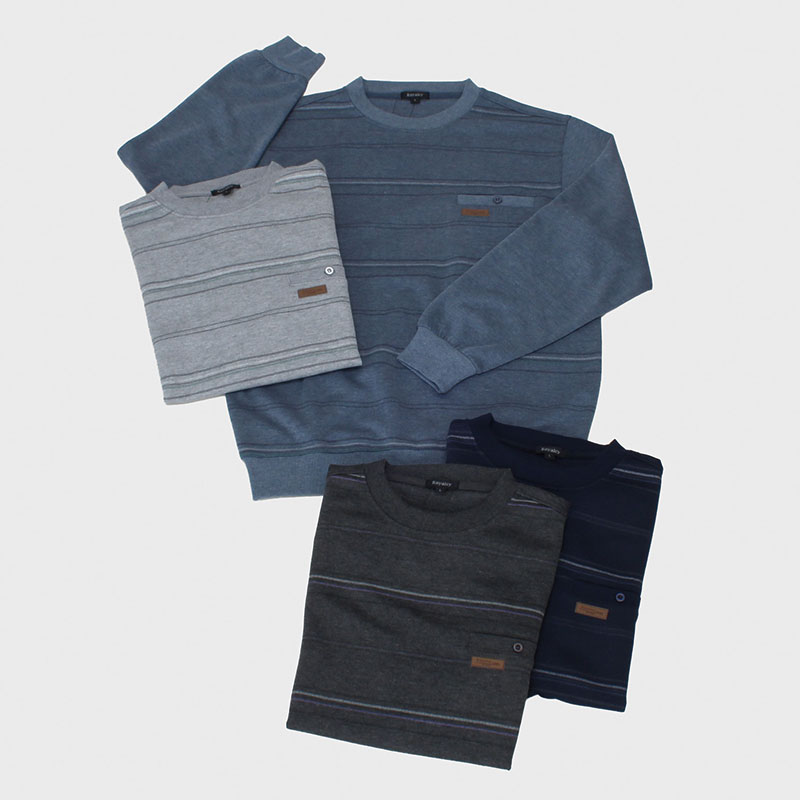 紳士ダンボール前身ボーダー丸首トレーナー