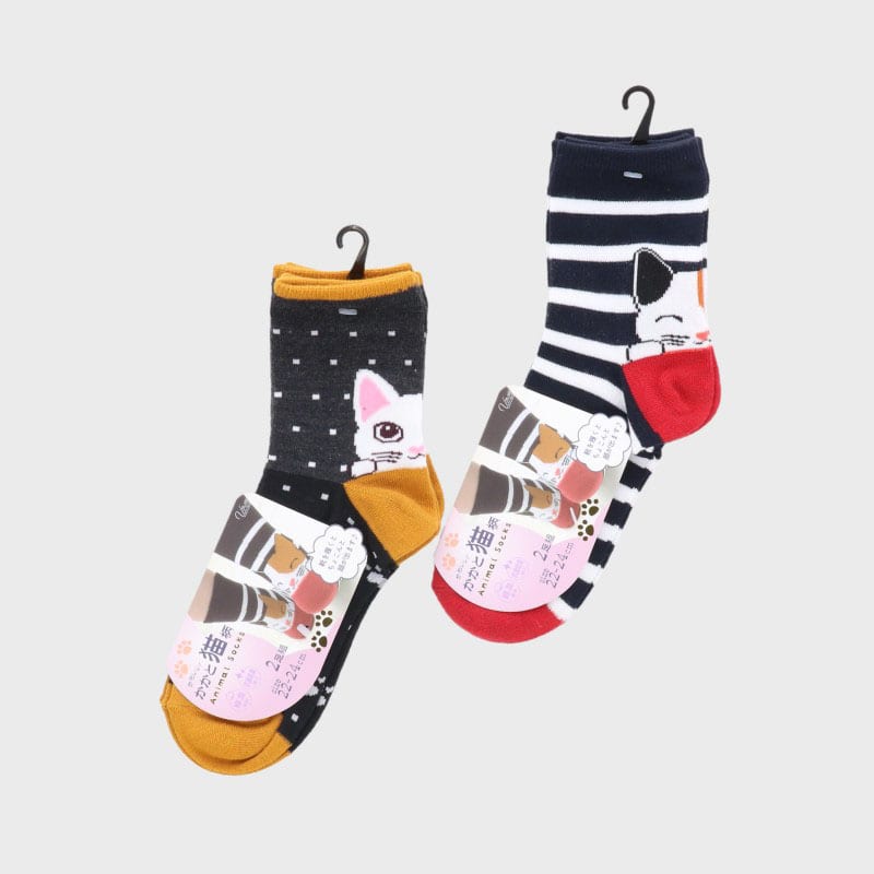 婦人クルー丈かかとネコ柄2足組