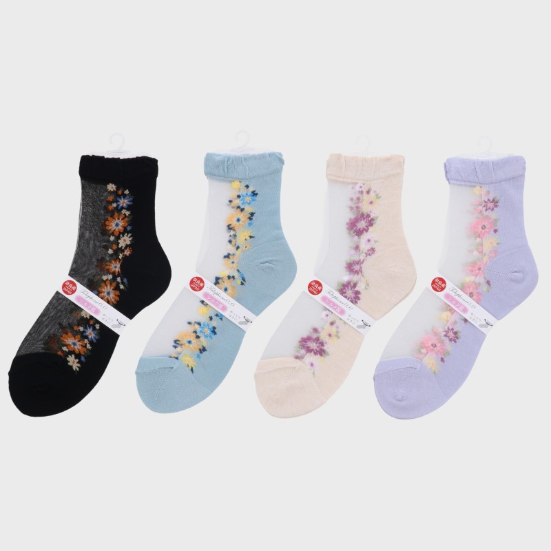 婦人『奈良産』台紙入りシルク混シースルーソックスロークルー丈