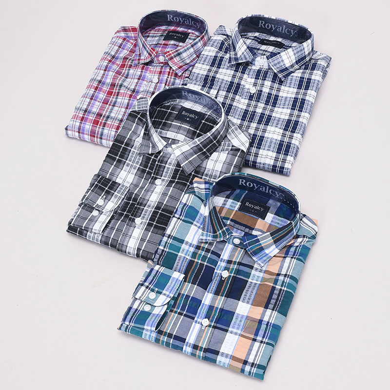 紳士長袖サッカー格子シャツ(ダーク中格子)