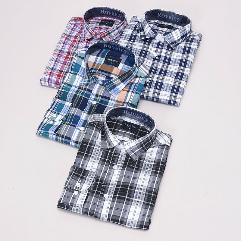 紳士大寸長袖サッカー格子シャツ(ダーク中格子)