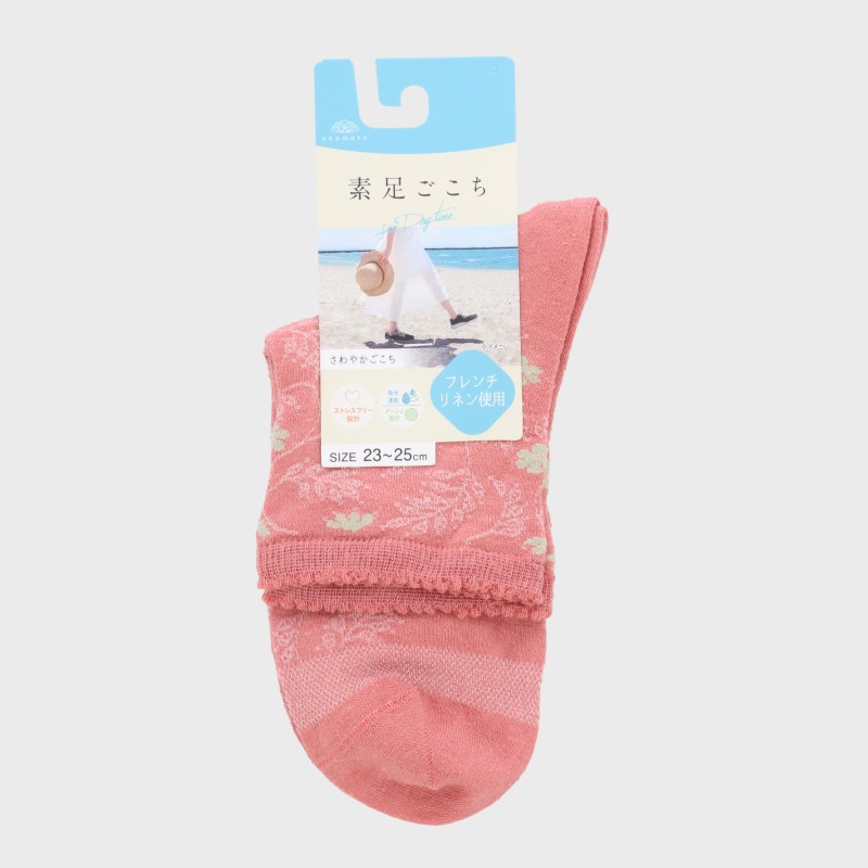 婦人『素足ごこち』フレンチリネンストレスフリー柄クルー丈ソックス12cm丈
