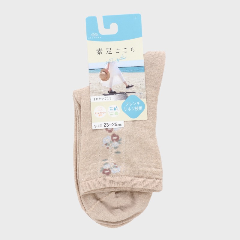 婦人『素足ごこち』フレンチリネンストレスフリー柄クルー丈ソックス15cm丈