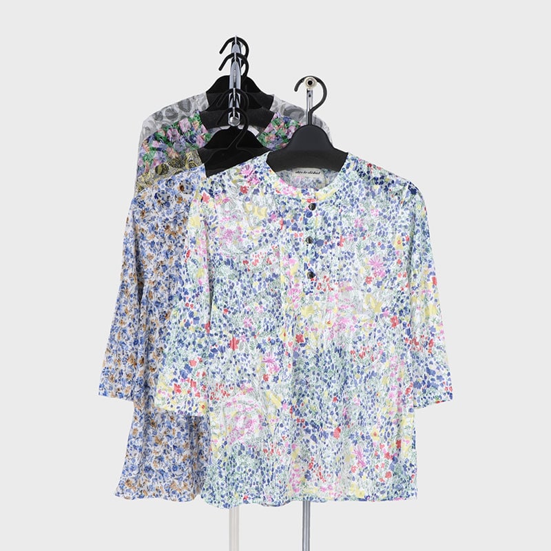 婦人7分袖オパールプリントピンタックTシャツ