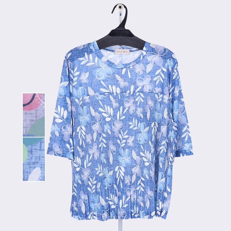 婦人5分袖切替えプリーツTシャツ