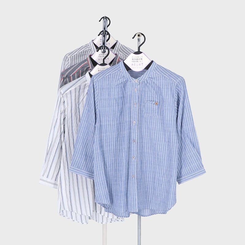 婦人7分袖バンドカラーストライプシャツ