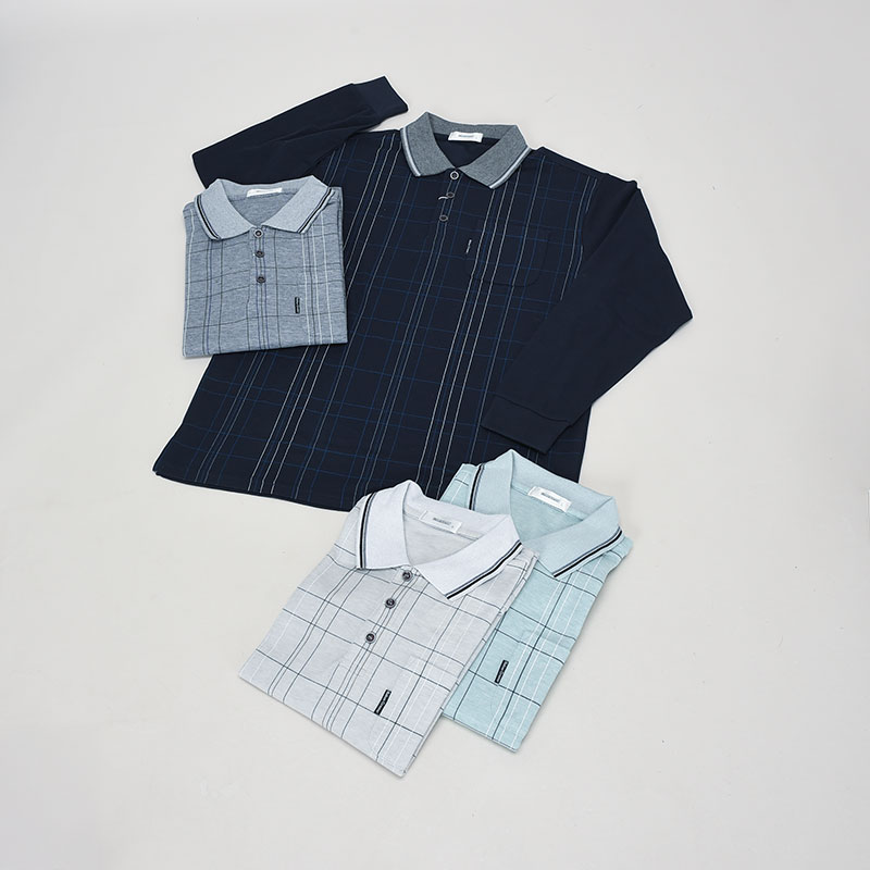 紳士長袖格子鹿の子ポロシャツ