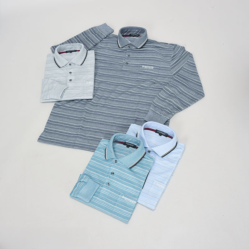 紳士長袖ブランドボーダー鹿の子ポロシャツ