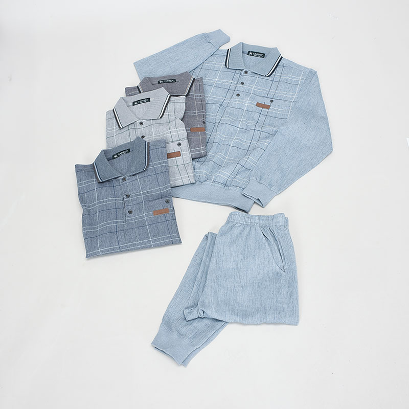 紳士麻混前身プリント格子ポロスーツ