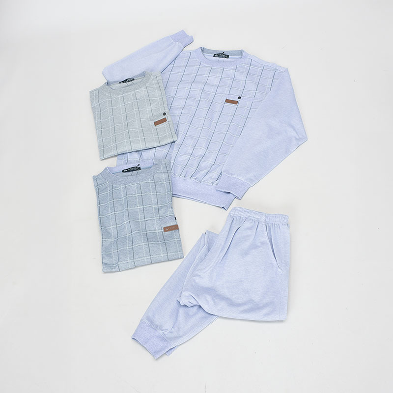 紳士小寸長袖麻混前身プリント丸首スーツ