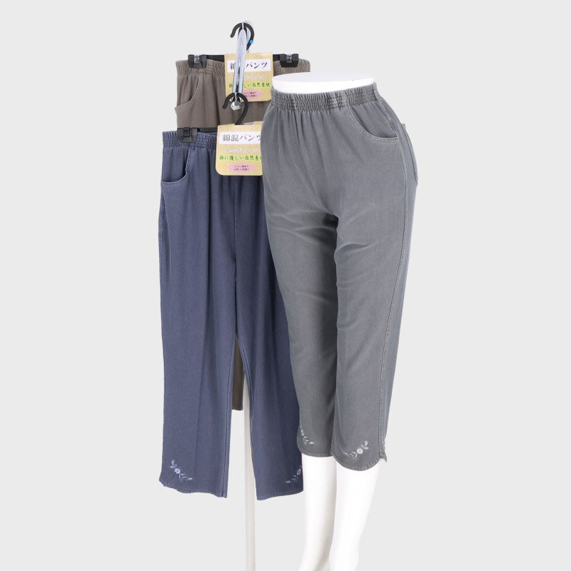 婦人8分丈製品染裾刺しゅうパンツ