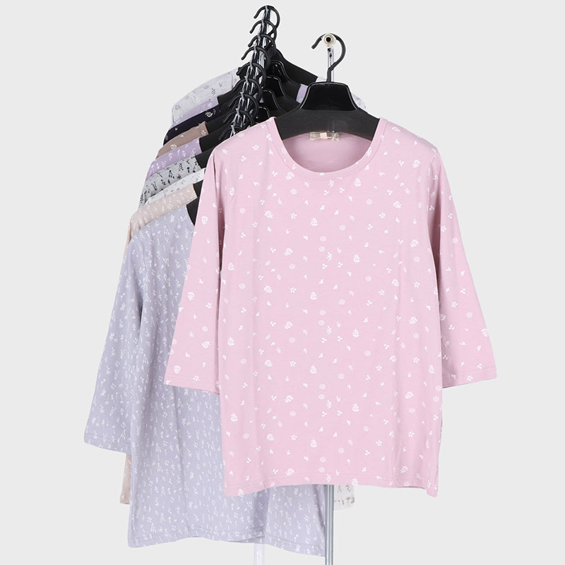 婦人大寸7分袖総柄プリント2柄Tシャツ