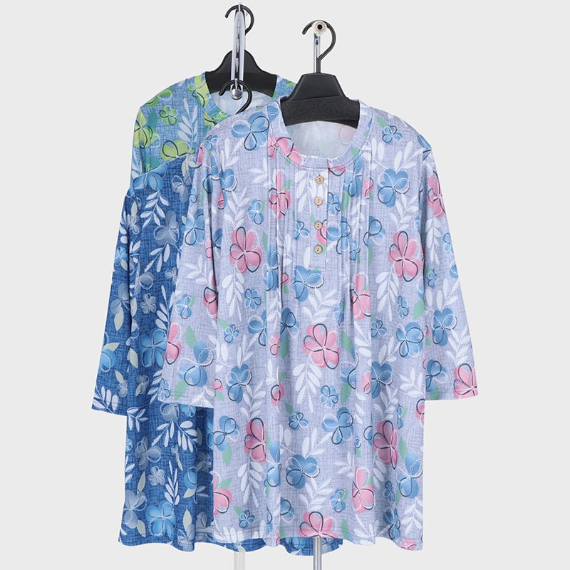 婦人7分袖ピンタックプリントチュニック