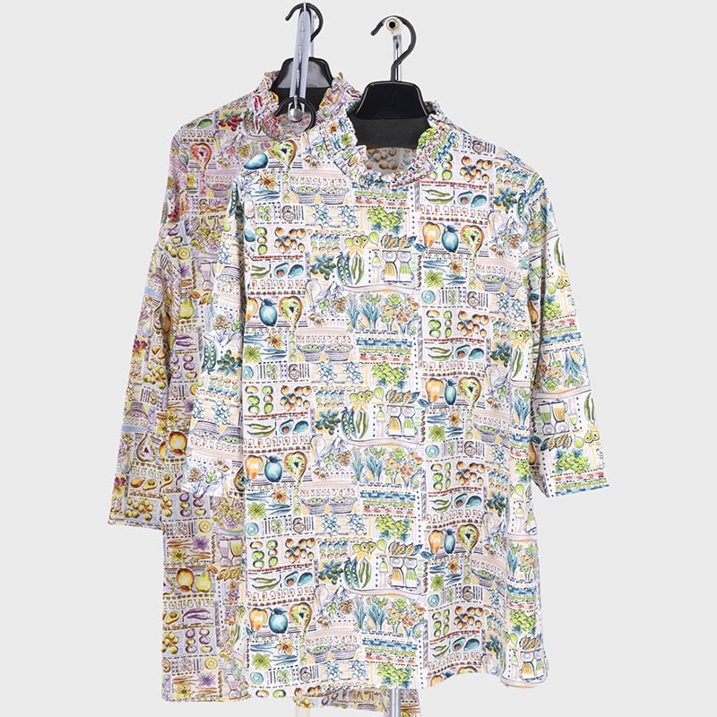 婦人7分袖スモッグ衿プリントチュニック