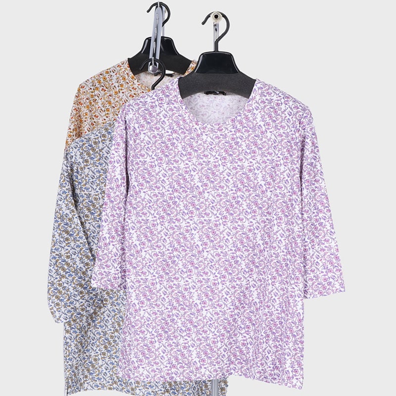 婦人7分袖ジャガードプリントTシャツ